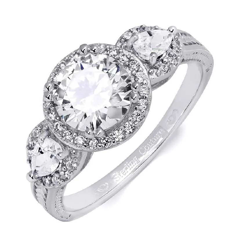 Sterling Silver 2.00 CT 3 Stone Halo Bridal Ring Round Cut Size 5-9