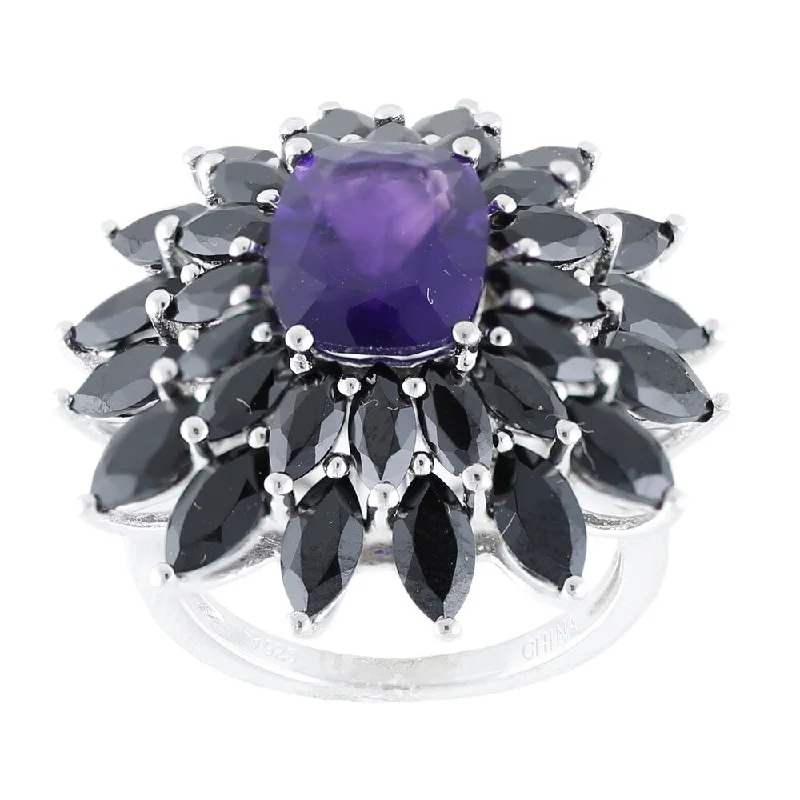 Sterling Silver Amethyst and Black Spinel Flower Ring