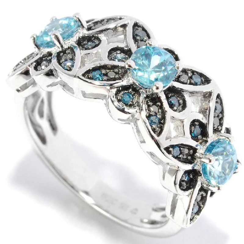 Sterling Silver Blue Zircon and Blue Diamond Flower Band