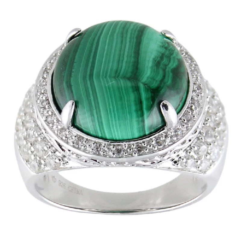 Sterling Silver Green Malachite and White Zircon Halo Ring