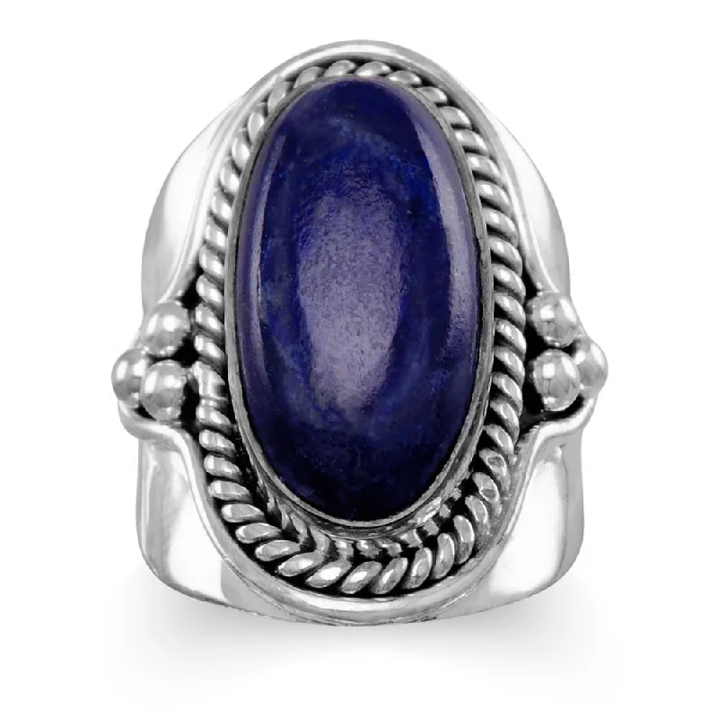 Sterling Silver Oxidized Bali Beaded Oval Lapis Ring - Blue