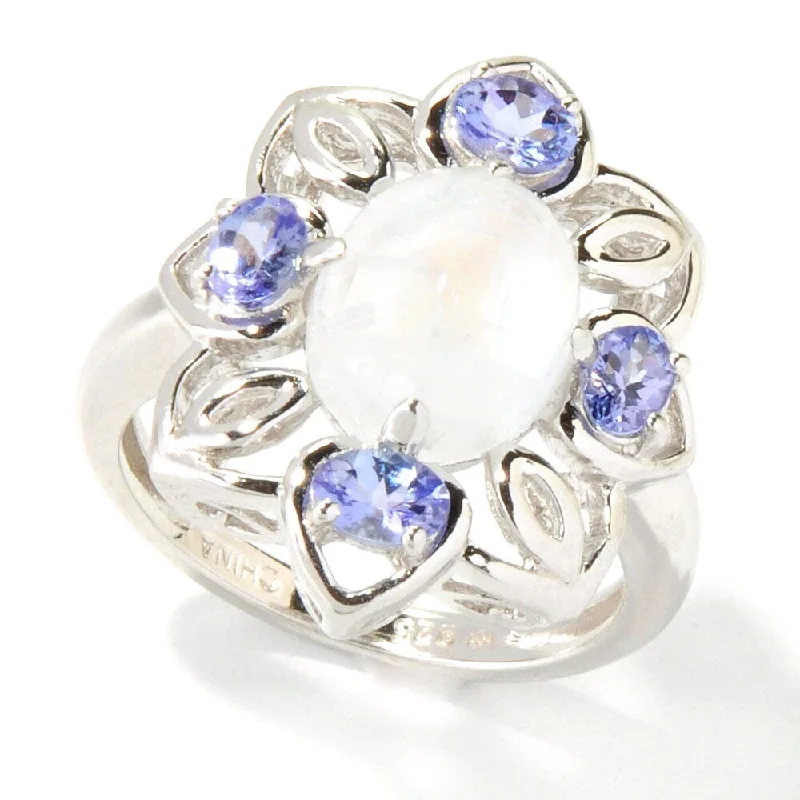 Sterling Silver Rainbow Moonstone Cabochon and Tanzanite Ring