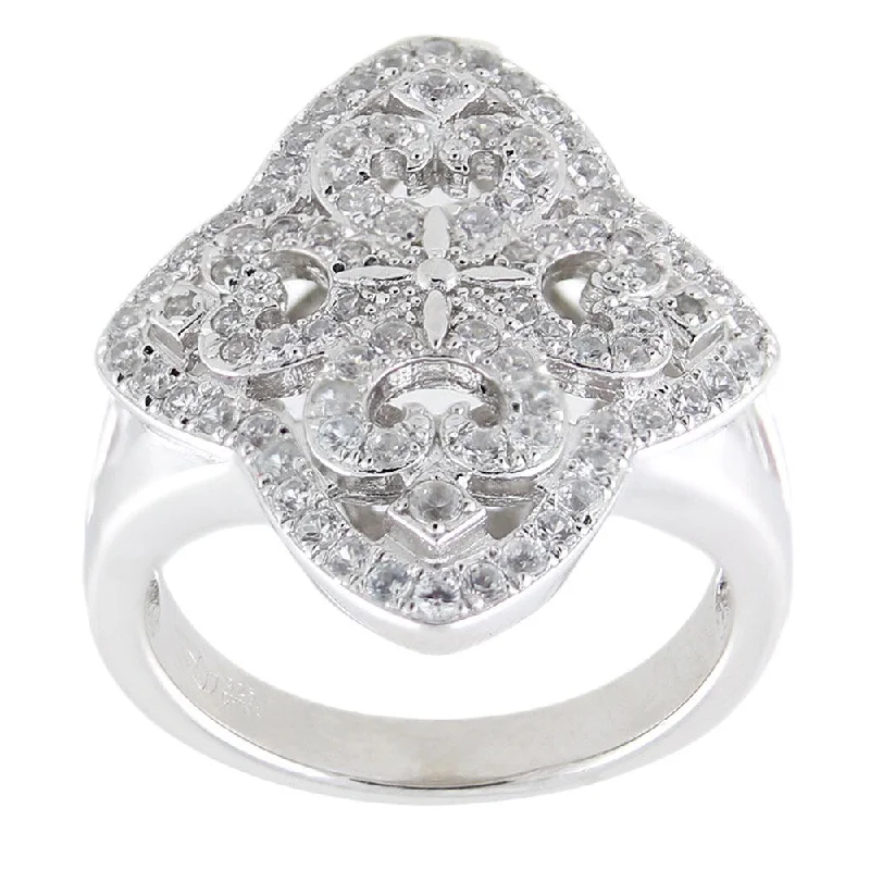 Sterling Silver Round White Zircon-encrusted Openwork Ring