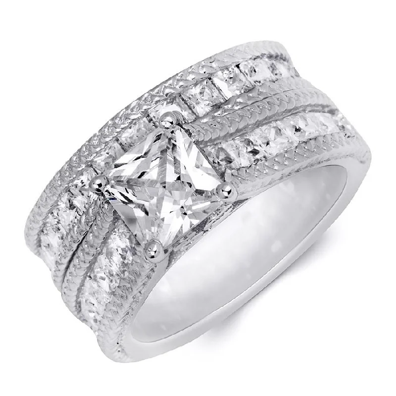 Womens 4.3ct Princess Cut Eternity Band Bridal Ring Set Real Silver