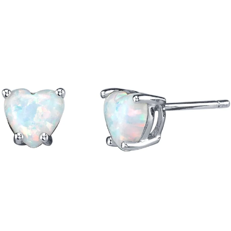 14k White Gold White Opal Stud Earrings 1 ct Heart Shape