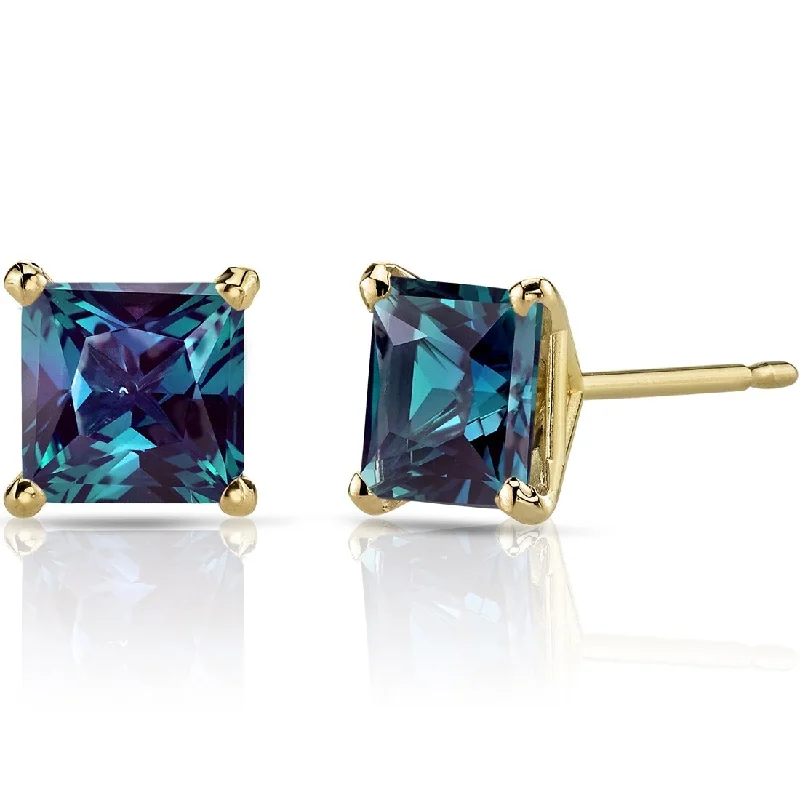 14k Yellow Gold Alexandrite Stud Earrings 2.5 ct Princess Shape