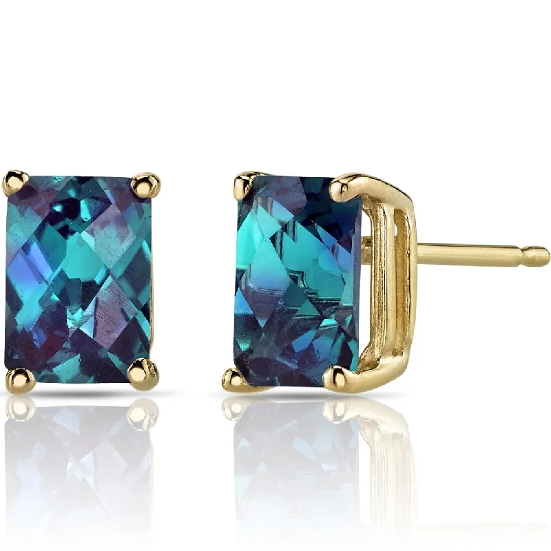 14k Yellow Gold Alexandrite Stud Earrings 2.5 ct Radiant Shape