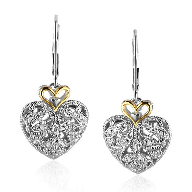 14k Yellow Gold and Sterling Silver Intricate Filigree Heart Drop Earrings