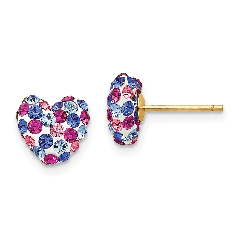 14k Yellow Gold Blue Pink White Crystal Heart Stud Earrings (L-8 mm, W-8 mm)