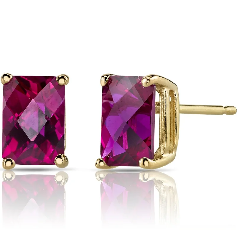 14k Yellow Gold Ruby Stud Earrings 2.57 ct Radiant Shape