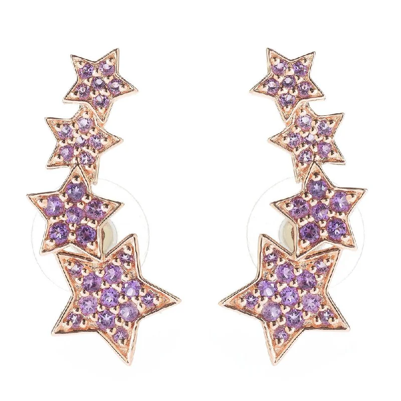 18k Rose Gold Vermeil Over Silver Amethyst Graduated Star Climber Earrings