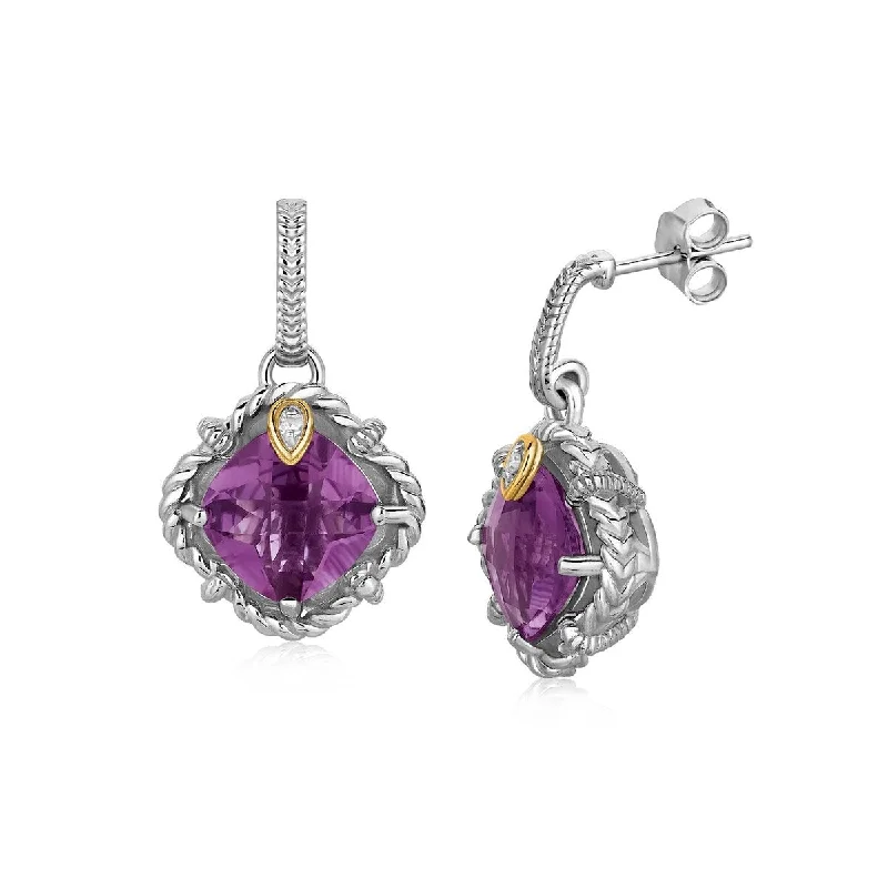 18k Yellow Gold and Sterling Silver Amethyst and Diamond Earrings