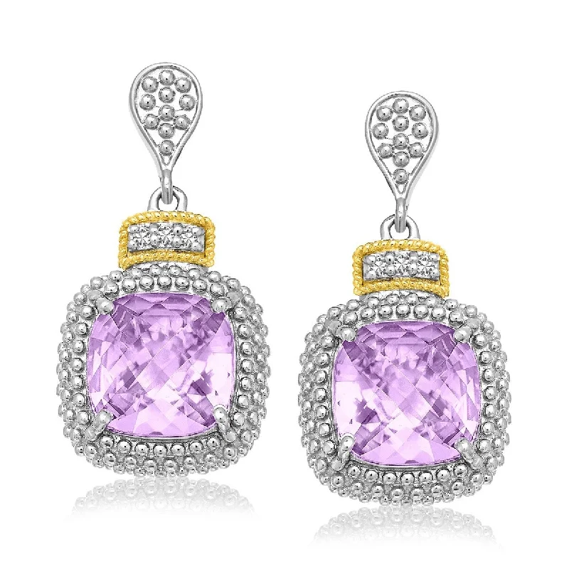 18k Yellow Gold & Sterling Silver Cushion Amethyst & Diamond Earrings