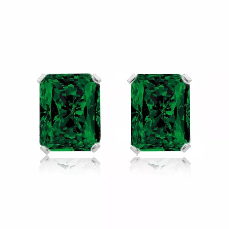 925 Sterling Silver Emerald Cut Emerald Stud Earrings