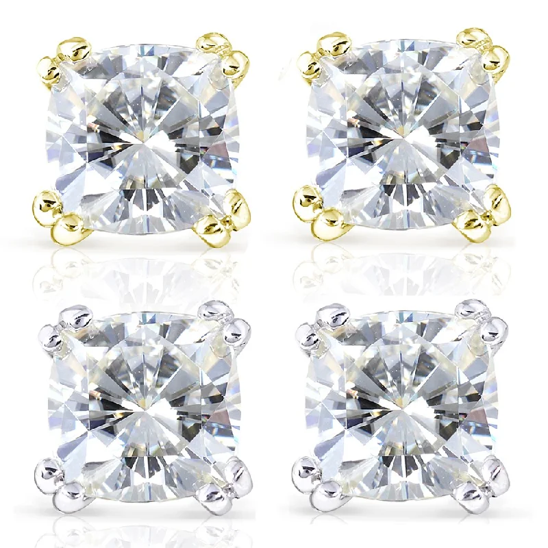 Annello by Kobelli 14k Gold 2 1/5ct TGW Forever One DEF Cushion Moissanite Classic 4-Prong Stud Earrings