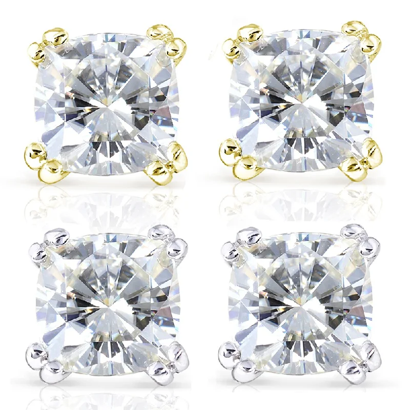 Annello by Kobelli 14k Gold 4 Carats TGW Cushion-cut 7.5MM Moissanite (GH) Solitaire Stud Earrings