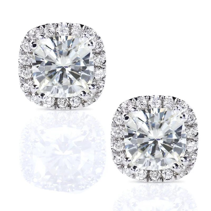 Annello by Kobelli 14k White Gold 2 1/2ct TGW Cushion Moissanite and Diamond Halo Stud Earrings