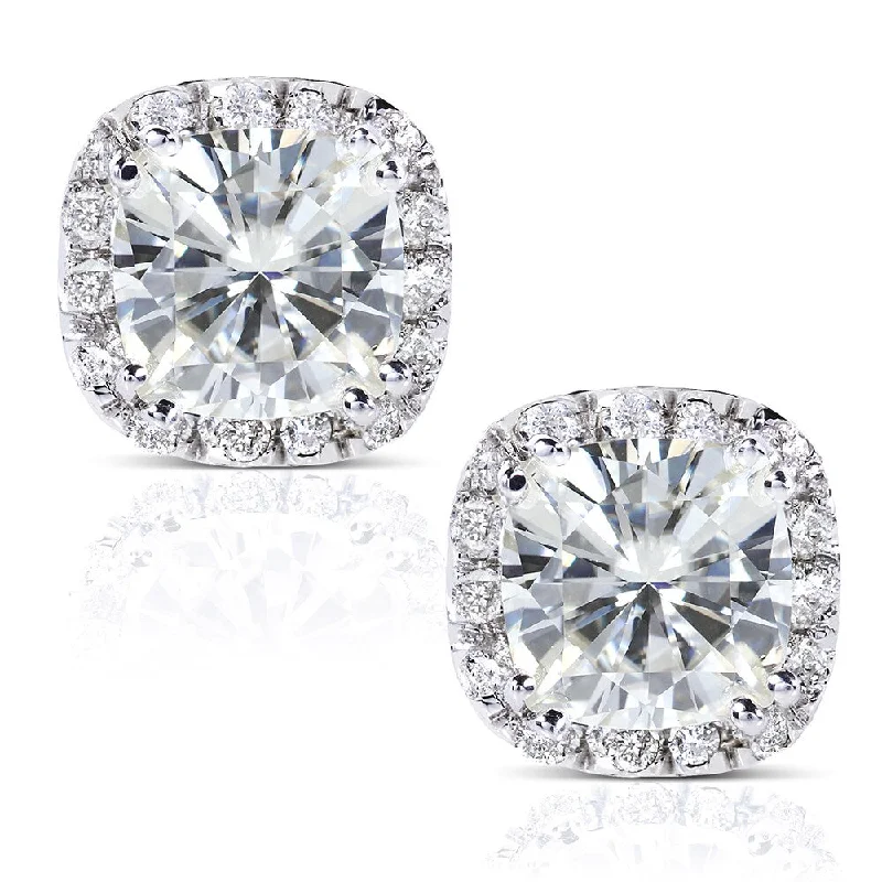 Annello by Kobelli 14k White Gold 2 7/8ct TGW Cushion 6.5MM Moissanite (GH) and Diamond Halo Stud Earrings