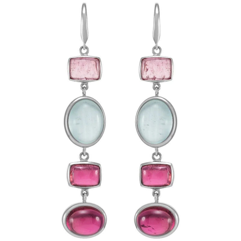 Aquamarine Cabochon and Pink Tourmaline Dangle Earrings