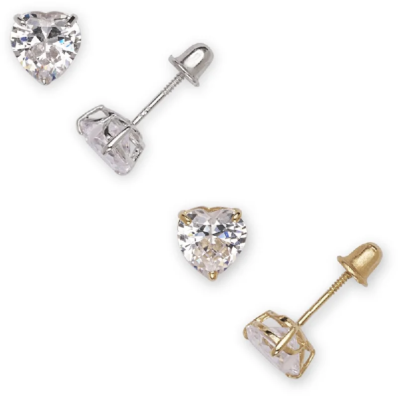 Curata 14k White Gold Heart-Shape Cubic Zirconia Screw Back Stud Earrings