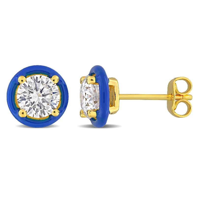 Miadora 1 3/8 Ct TGW Moissanite with Blue Enamel Solitaire Halo Stud Earrings in Yellow Silver