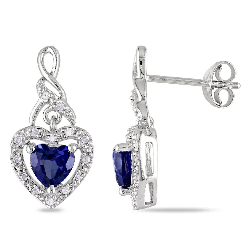 Miadora 1/8 CT TW Diamond 1 1/8 Created Blue Sapphire Heart Earrings Sterling Silver