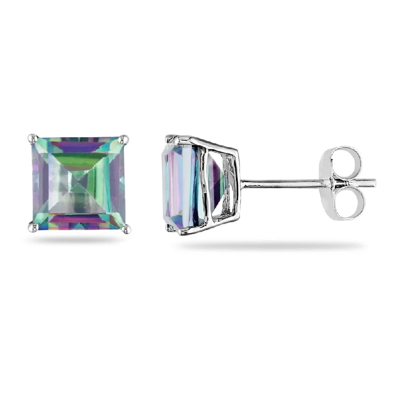 Miadora 10k White Gold Princess-Cut Exotic Green Topaz Solitaire Stud Earrings