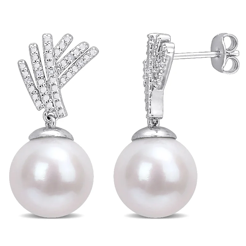 Miadora 11-12mm Cultured Freshwater Pearl and Diamond Accent Drop Earrings in Sterling Silver