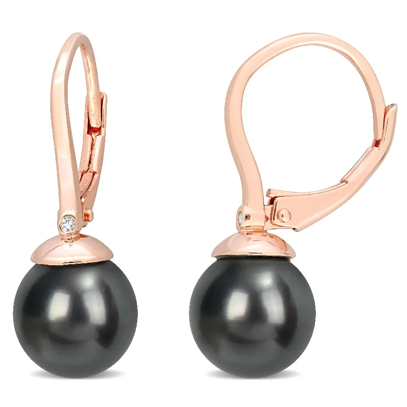 Miadora 8-8.5mm Black Tahitian Cultured Pearl & Diamond Accent Leverback Earrings in Rose Silver