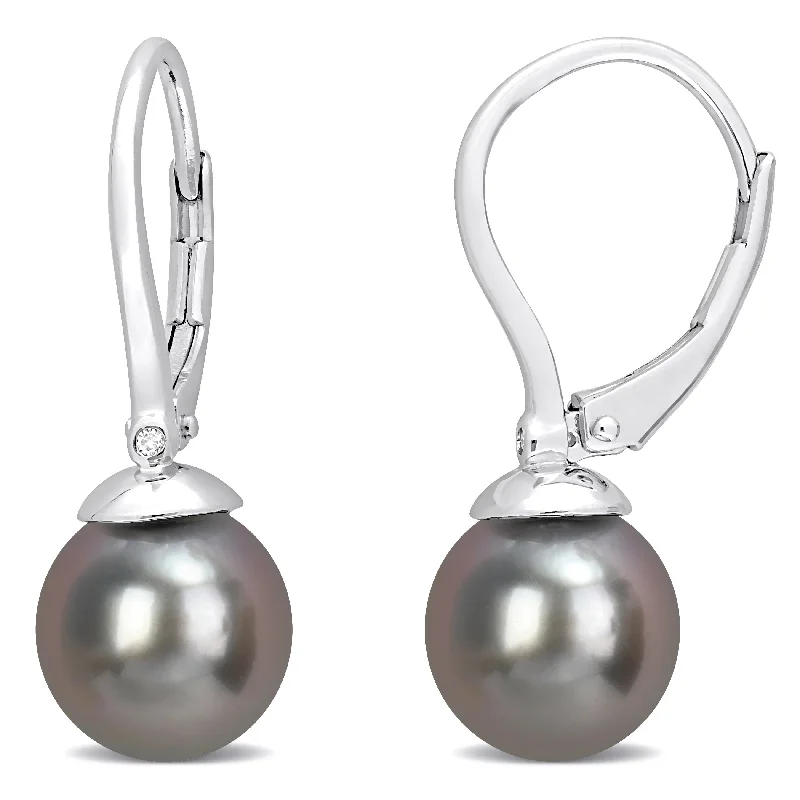 Miadora 8-8.5mm Black Tahitian Cultured Pearl & Diamond Accent Leverback Earrings in Sterling Silver