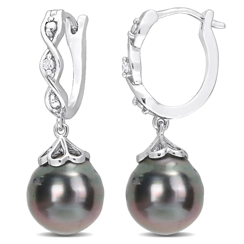 Miadora 8-9mm Black Tahitian Cultured Pearl and Diamond Accent Infinity Huggie Earrings in Sterling Silver