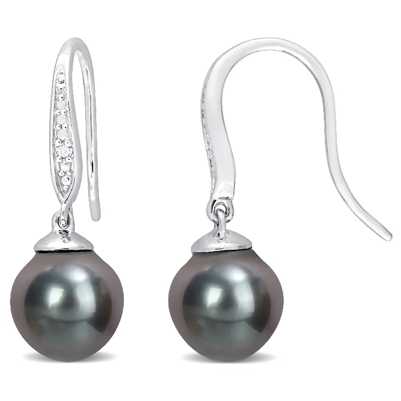 Miadora 8-9mm Black Tahitian Cultured Pearl and Diamond Accent Shepherd Hook Earrings in Sterling Silver