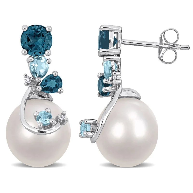 Miadora 9-10mm Cultured Freshwater Pearl 2ct TGW London & Sky Blue Topaz and Diamond Accent Earrings Sterling Silver