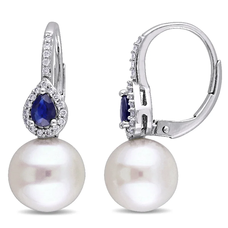 Miadora 9-9.5 mm Cultured Freshwater Pearl 1/8 CT TW Diamond Pear-Shape Sapphire Leverback Earrings 14k White Gold