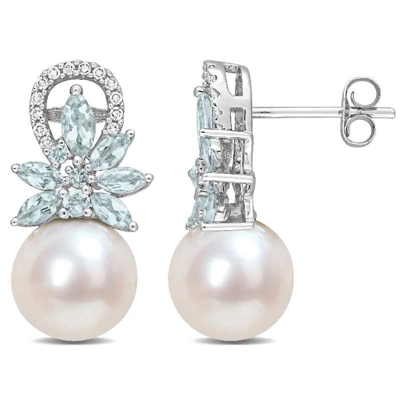 Miadora 9-9.5mm Cultured Freshwater Pearl and Aquamarine and 1/8 CT TW Diamond Flower Earrings in 14k White Gold