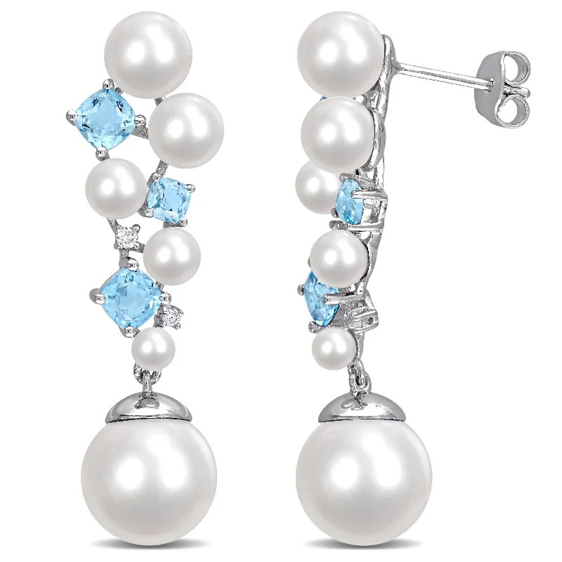 Miadora Cultured Freshwater Pearl and Swiss Blue Topaz and Diamond Accent Cluster Drop Earrings in Sterling Silver