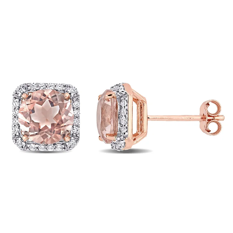 Miadora Rose Plated Sterling Silver Simulated Morganite & Cubic Zirconia Cushion Halo Stud Earrings - 8.7mm x 6.1mm