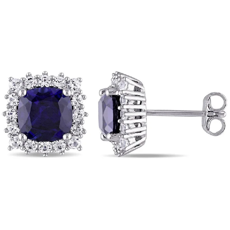 Miadora Sterling Silver Created Blue and White Sapphire Square Halo Birthstone Stud Earrings