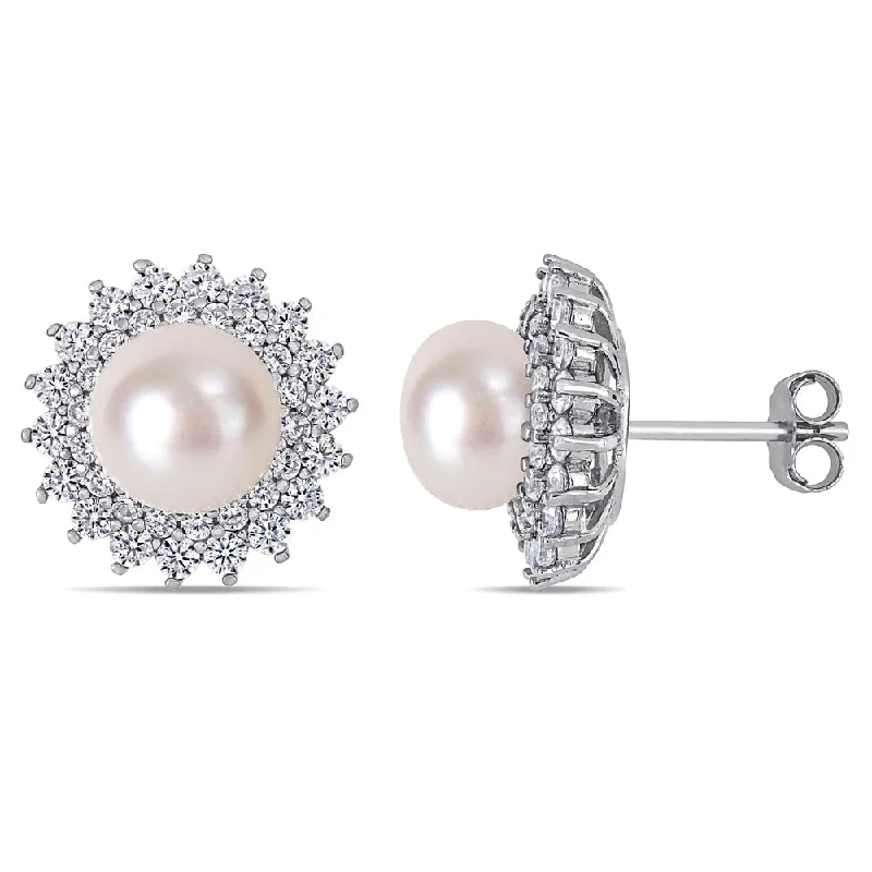 Miadora Sterling Silver Cultured FW Pearl and CZ Floral Halo Stud Earrings (8-9 mm)