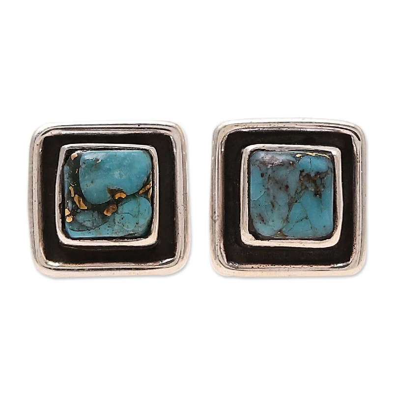 NOVICA Mystic Frame, Sterling silver and composite turquoise stud earrings - 0.4*0.4