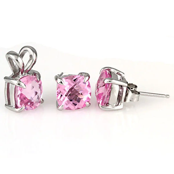 Preslie: Cushion Cut Pink Crystal Pendant & Earrings Set 925 Silver