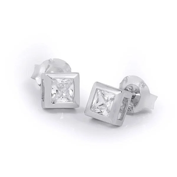 Princess Cut Stud Earrings Bezel Set 0.50 Carat Sterling Silver 4x4mm