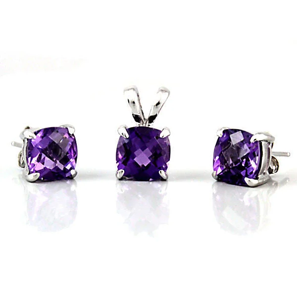 Saline: Cushion Cut Amethyst Crystal Pendant & Earrings Set Silver