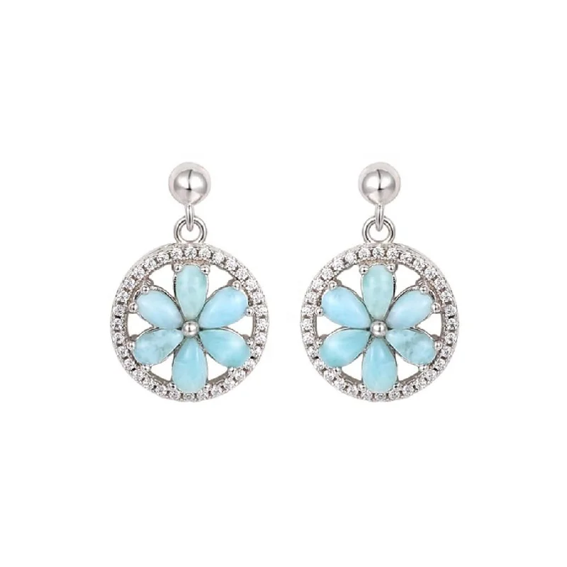 Sky Blue Larimar & Sterling Silver Floral Drop Earrings