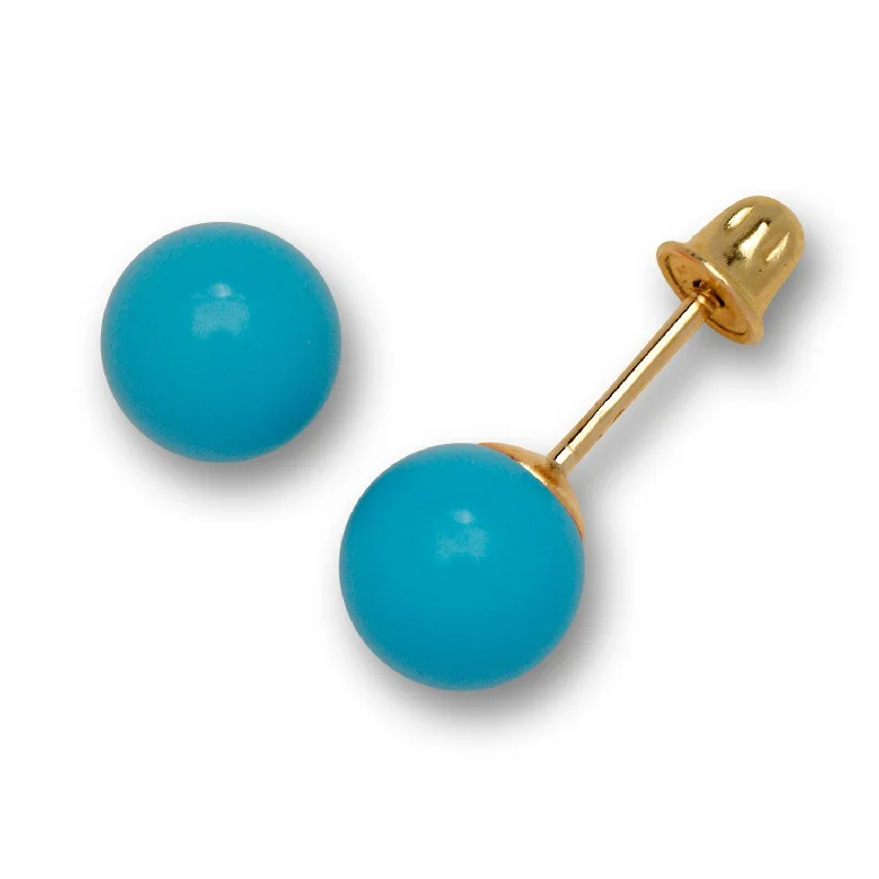 Solid 14K Yellow Gold Created Turquoise Ball Stud Screw-back Earrings (5 sizes) - Blue