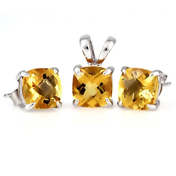 Solstice: Cushion Cut Citrine Crystal Pendant & Earrings Set Silver