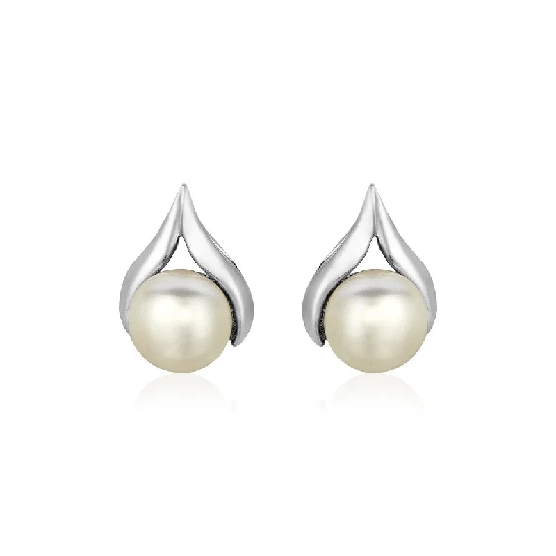 Sterling Silver Leaf Motif Earrings with Freshwater Pearls