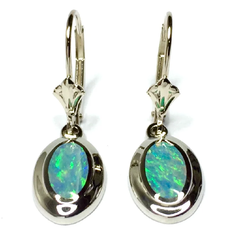 Opal Earrings Oval Inlaid Design Lever Backs