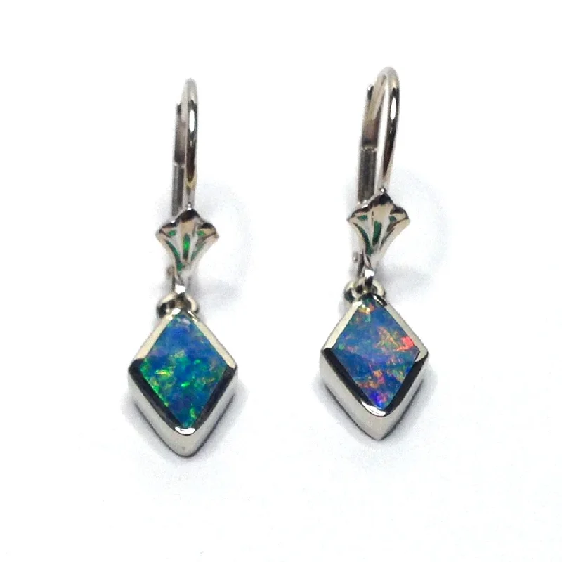 Opal Earrings Diamond Shape Inlaid Lever Backs