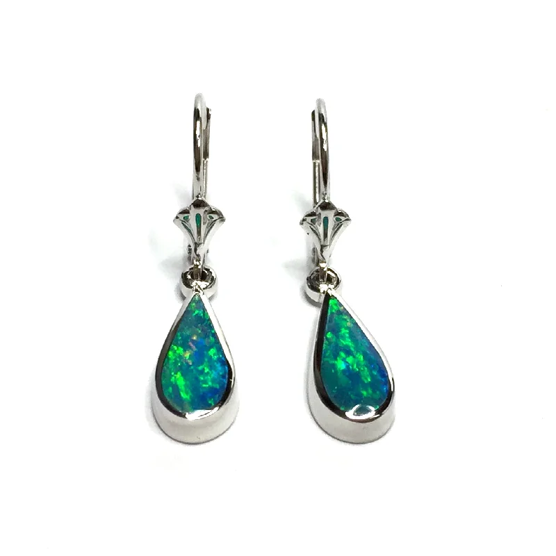 Opal Earrings Tear Drop Inlaid Design Lever Backs